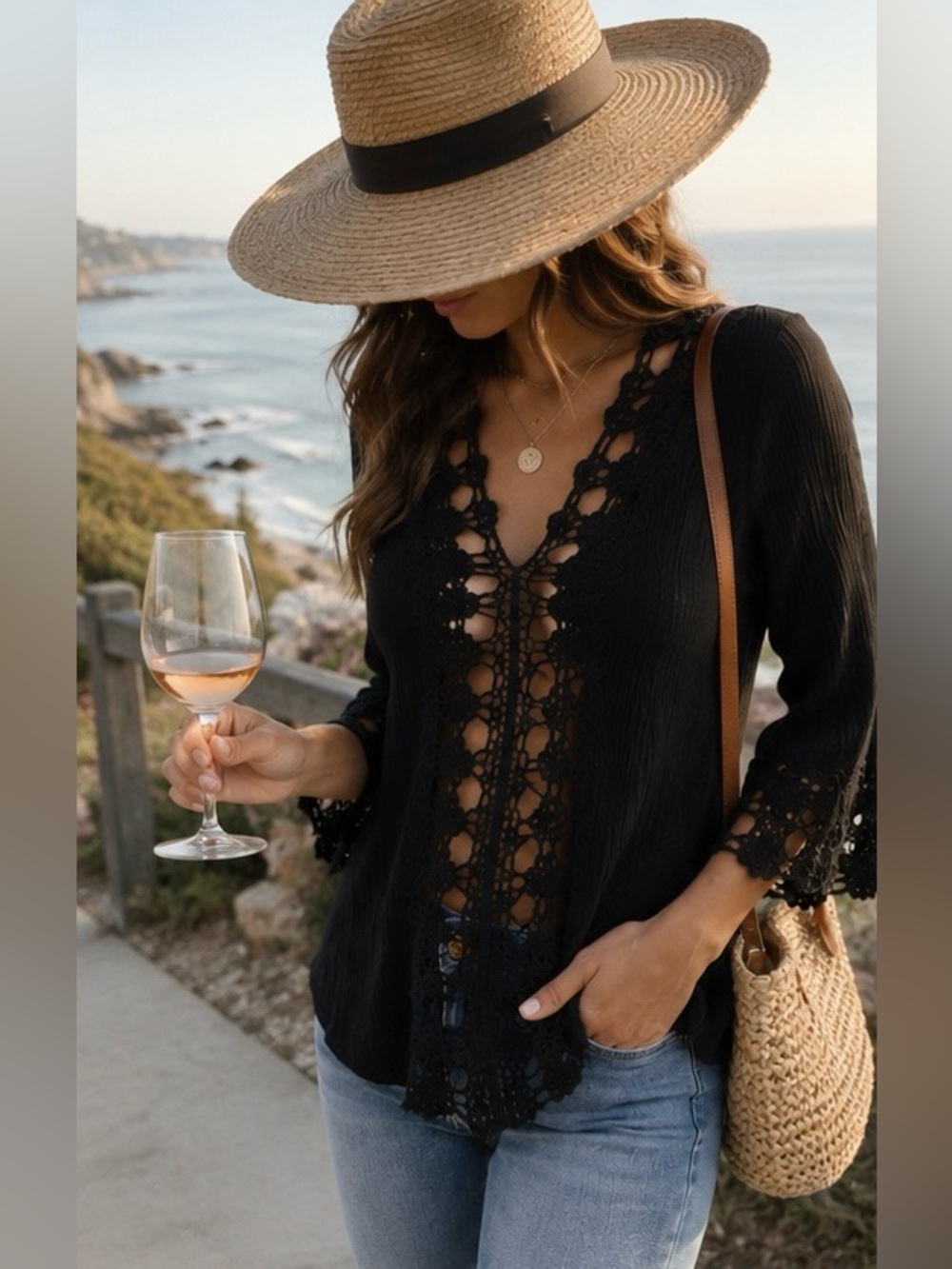 Boutique Black Crochet Trim Boho Tunic Top Bell Sleeve
